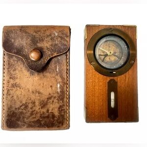 Vintage Wooden Compass with Leather Case From World War 2 1939-1945
